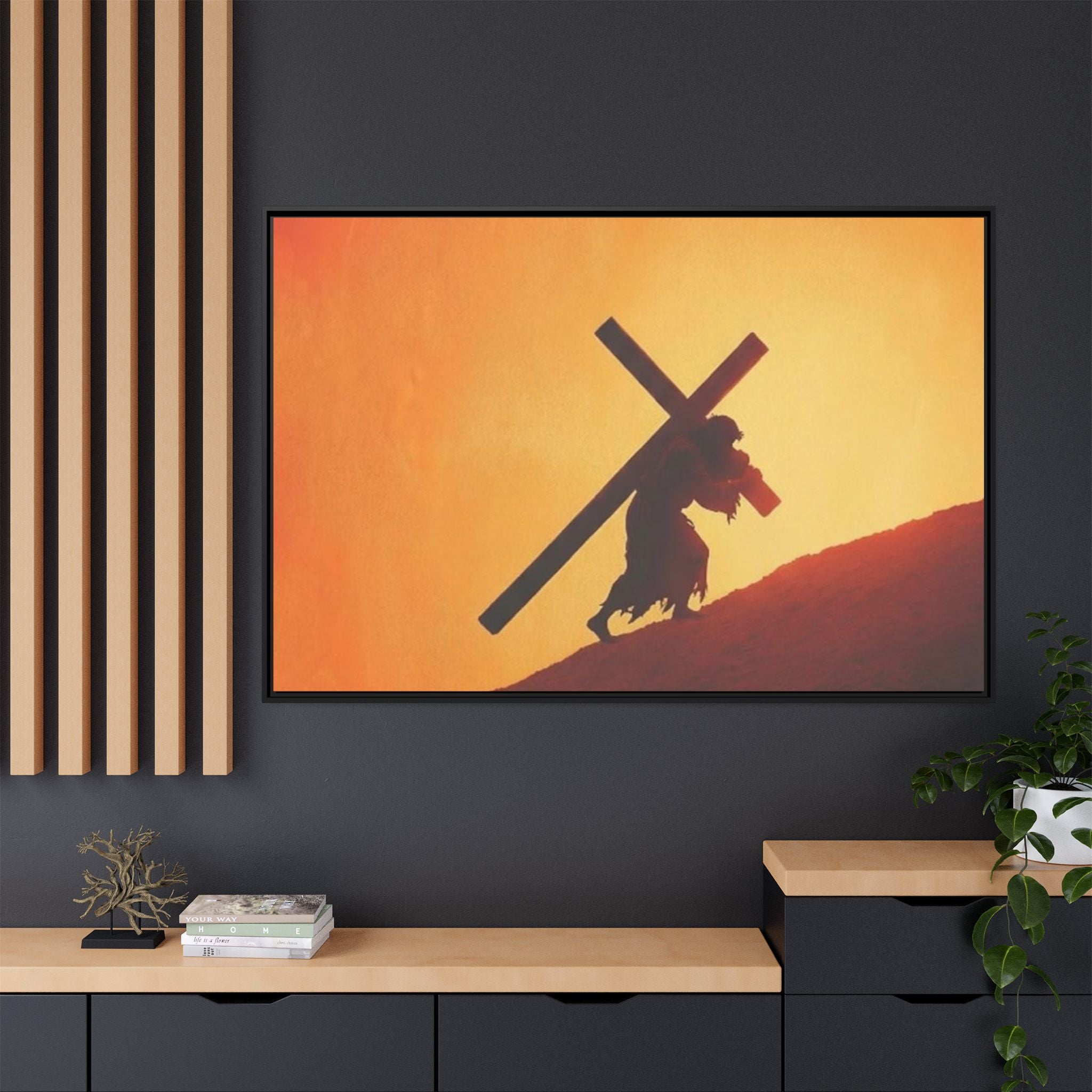 Jesus Christ Carrying Cross Framed Canvas — 'The World On His Shoulder' Sunset Art