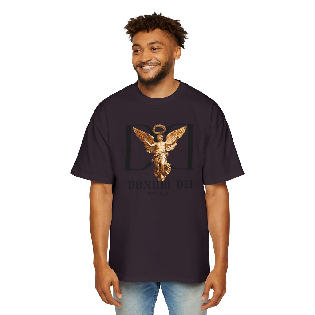 Donum Dei Angel Graphic Tee — Vintage Roman Lettering Men’s Oversized T‑Shirt