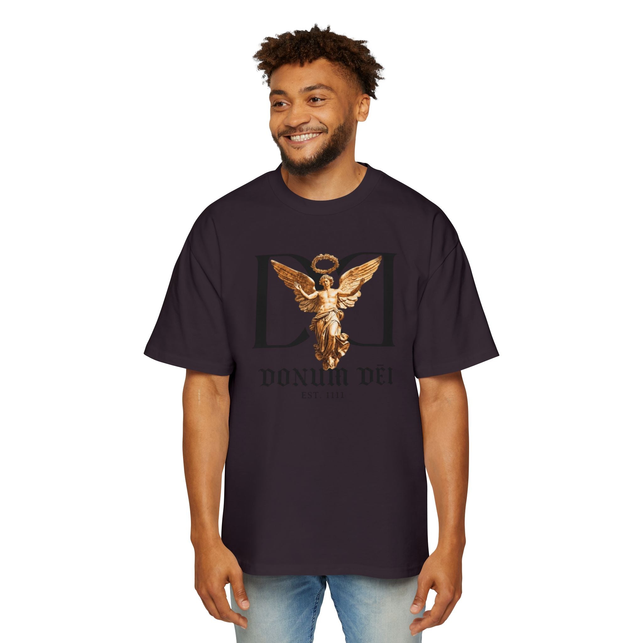 Donum Dei Angel Graphic Tee — Vintage Roman Lettering Men’s Oversized T‑Shirt