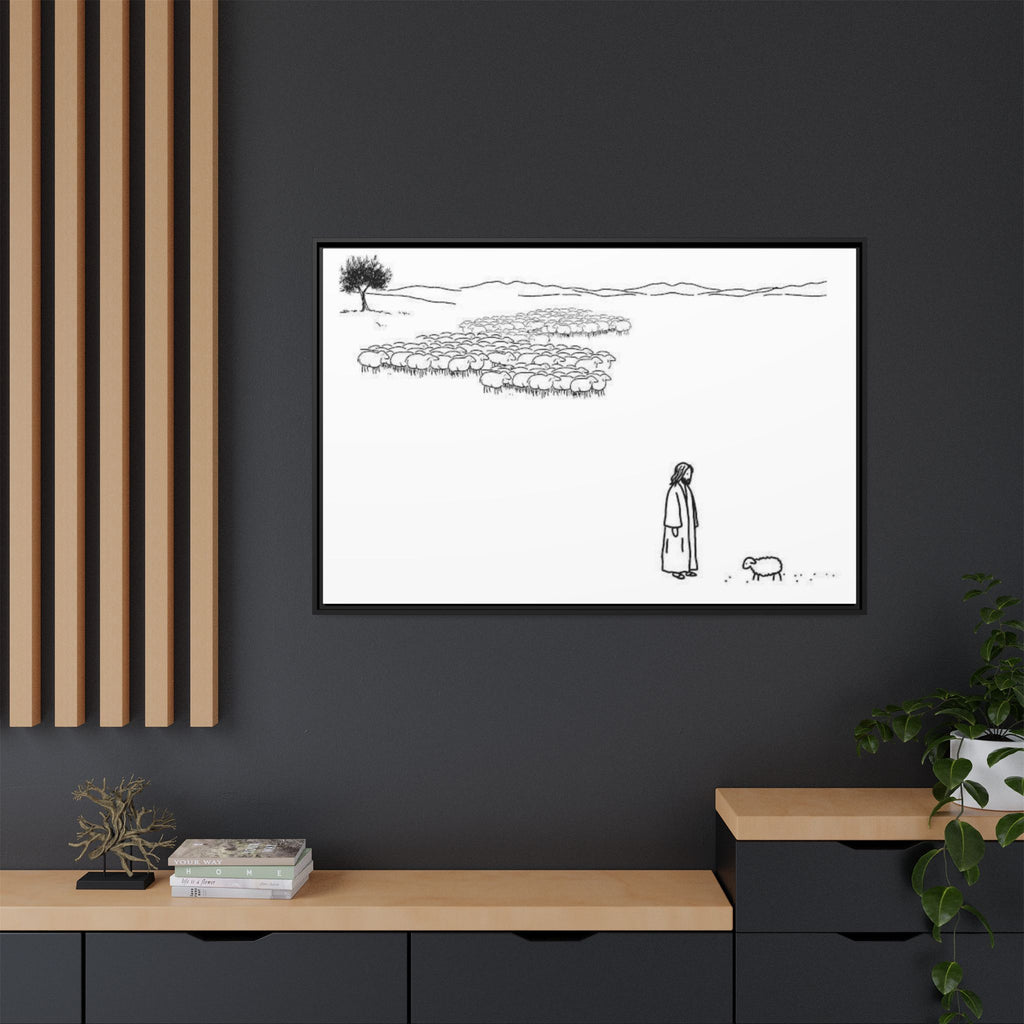Framed Matte Canvas Print — Minimal The Good Shepherd & Flock Line Art