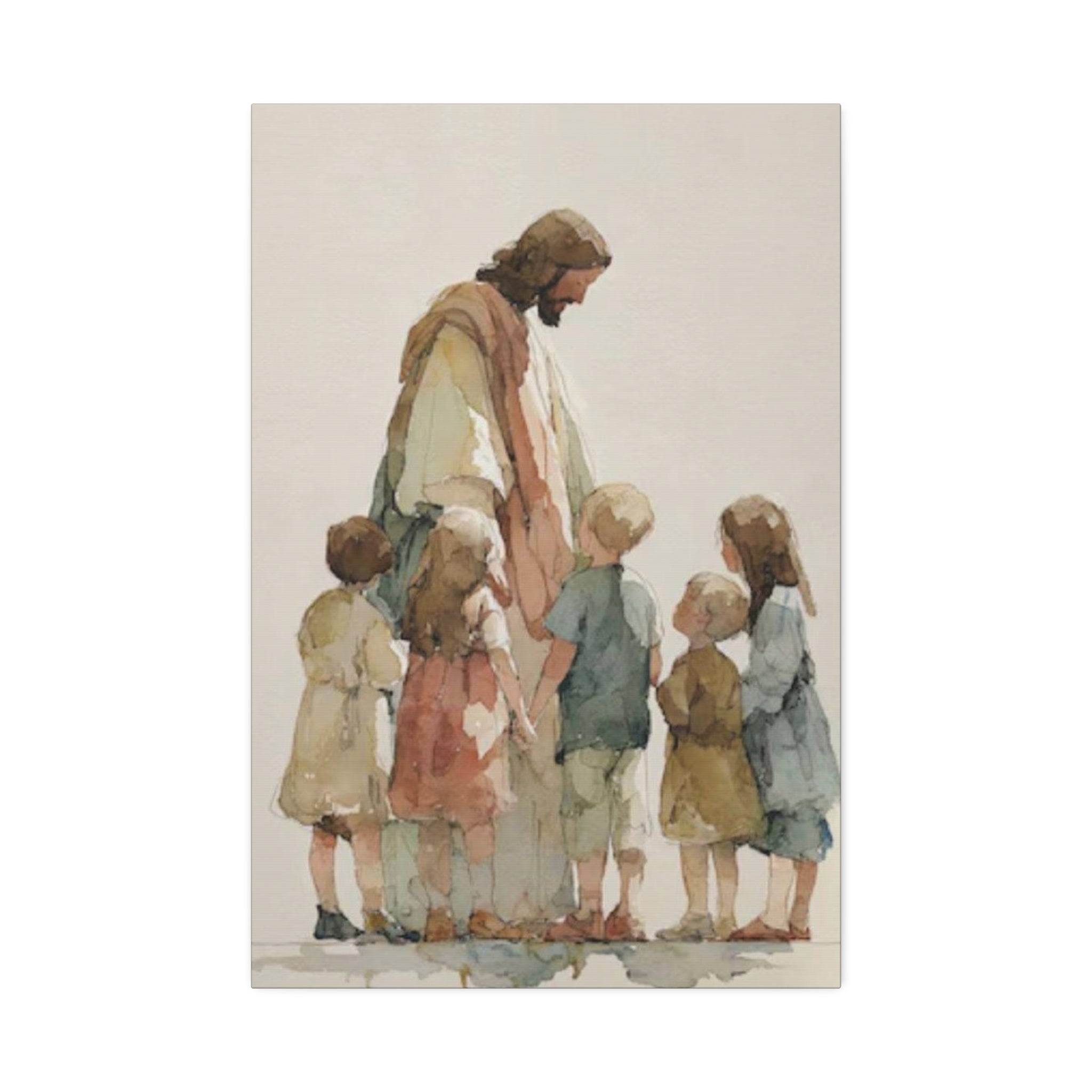 Faithful Father and Children Watercolor Canvas Print — Religious Nursery Wall Art