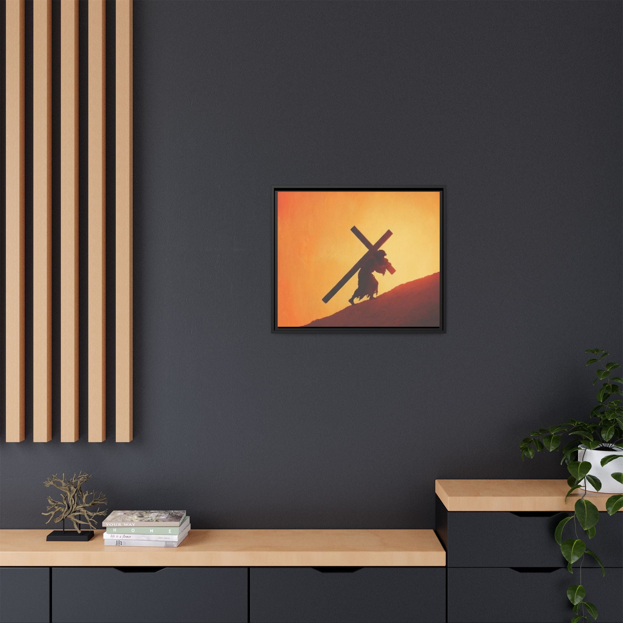 Jesus Christ Carrying Cross Framed Canvas — 'The World On His Shoulder' Sunset Art