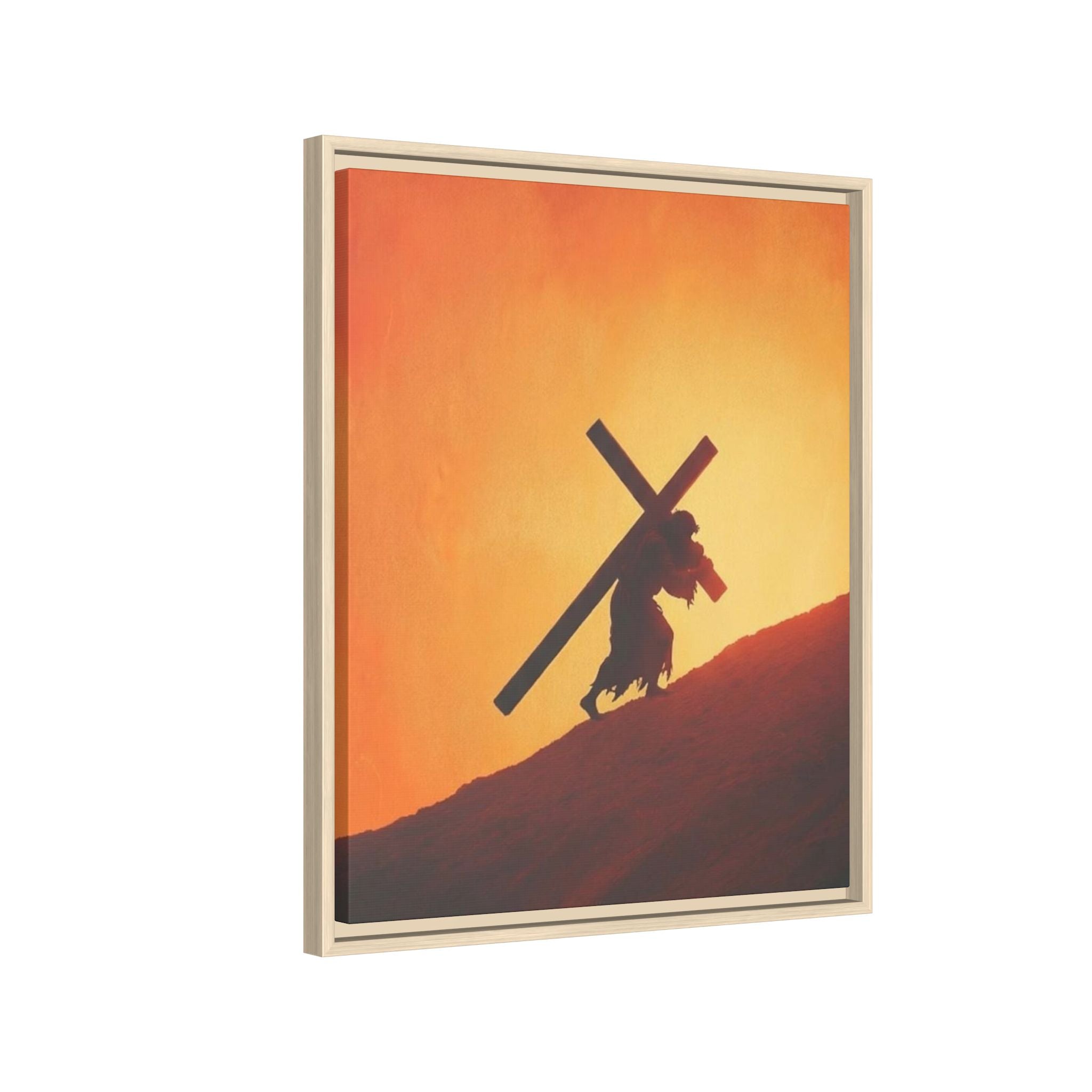 Jesus Christ Carrying Cross Framed Canvas — 'The World On His Shoulder' Sunset Art
