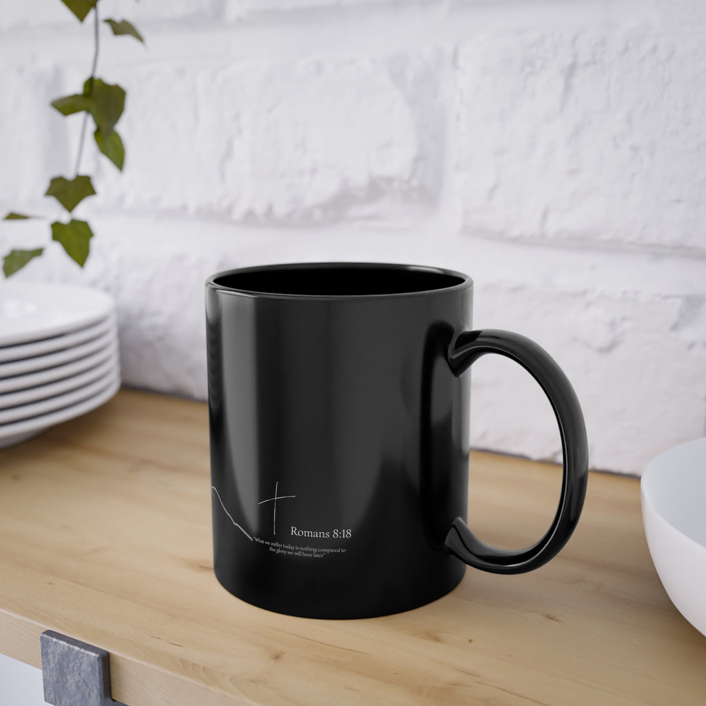 Religious Cross Coffee Mug — Minimalist Crucifix 11oz Black Ceramic