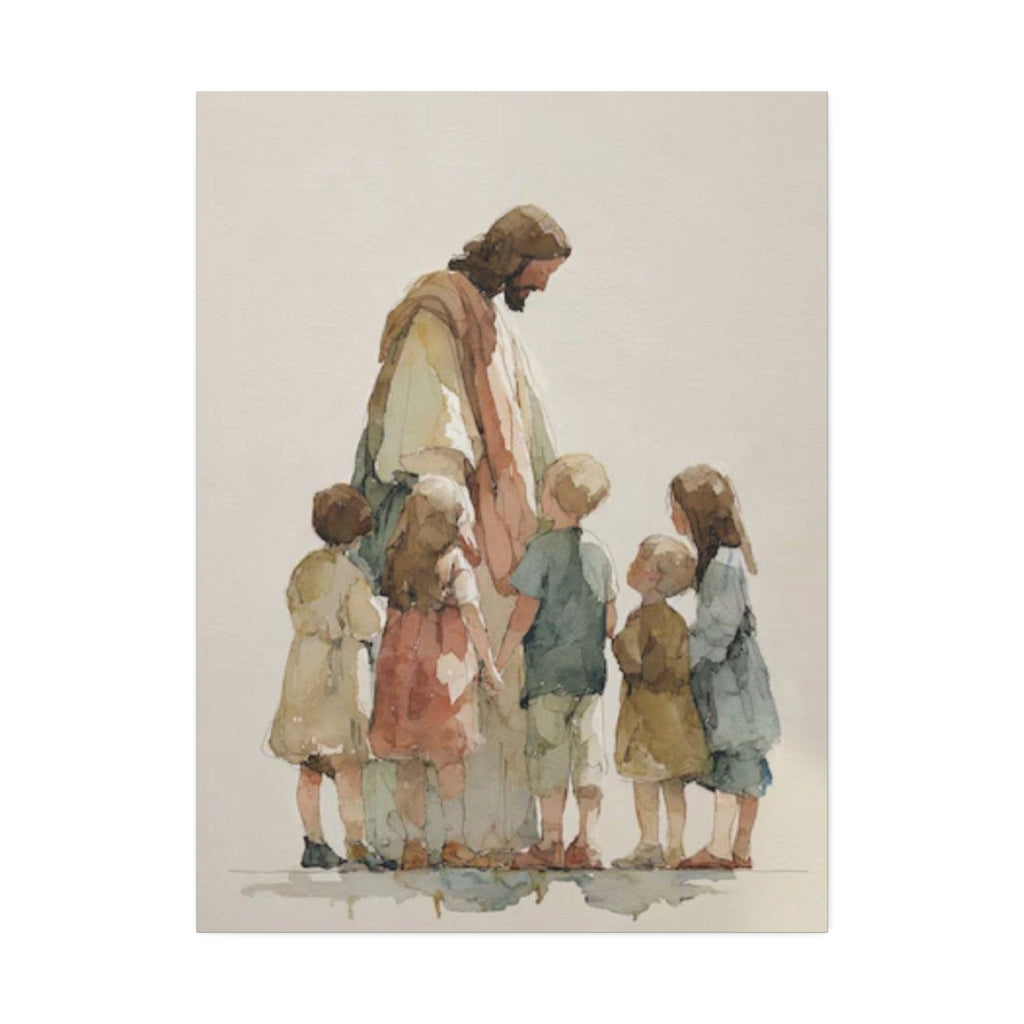 Faithful Father and Children Watercolor Canvas Print — Religious Nursery Wall Art