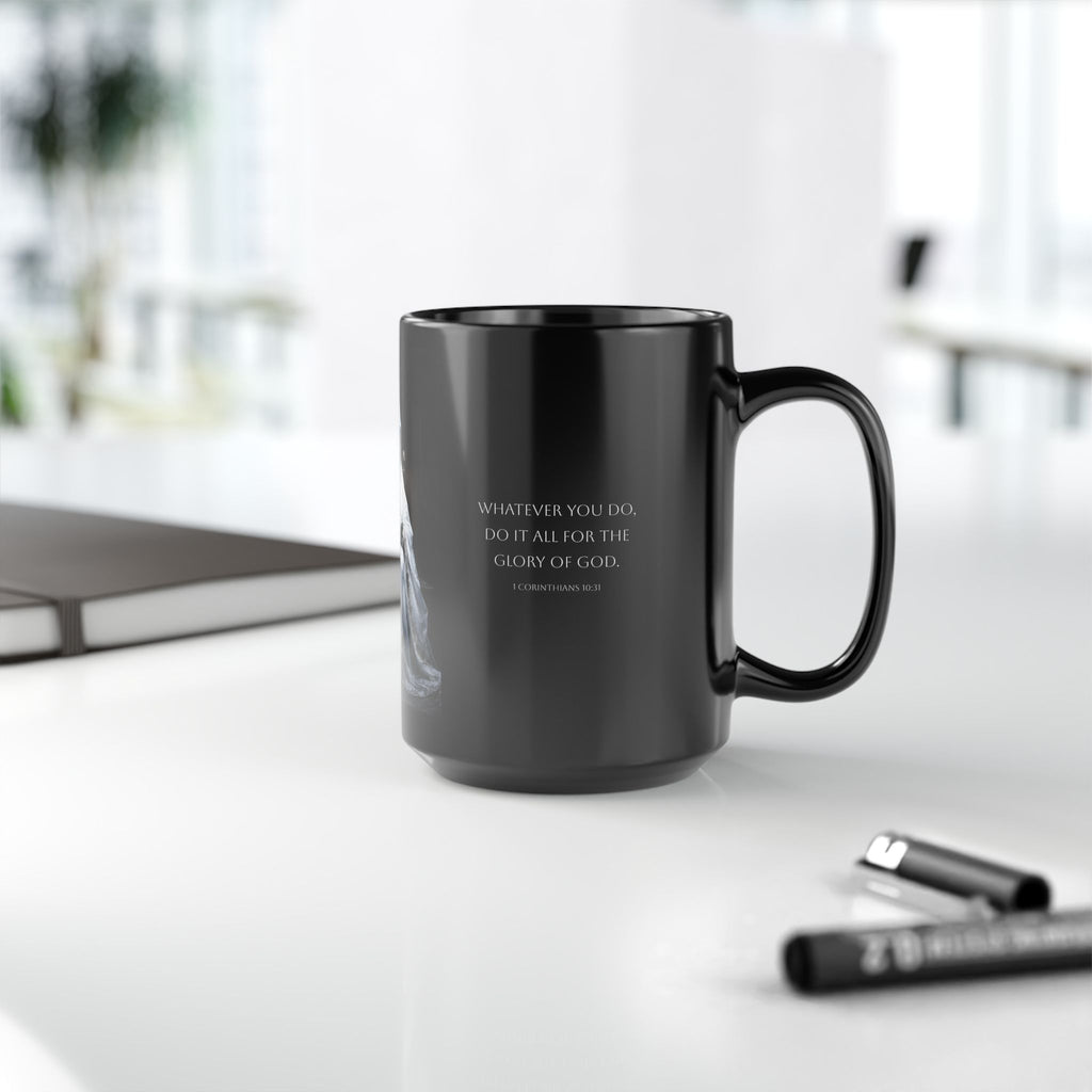 Christian Inspirational Black 15oz Mug — 'Whatever You Do, Do It All for the Glory of God' with Prayerful Statue Artwork