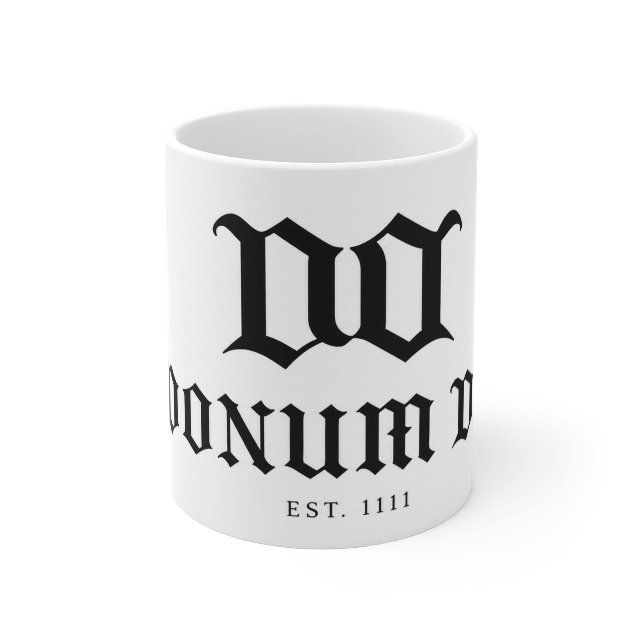Donum Dei Est. 1111 Ceramic Coffee Mug — Gothic Script 11oz