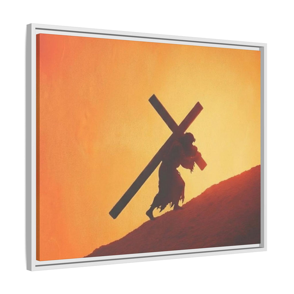 Jesus Christ Carrying Cross Framed Canvas — 'The World On His Shoulder' Sunset Art