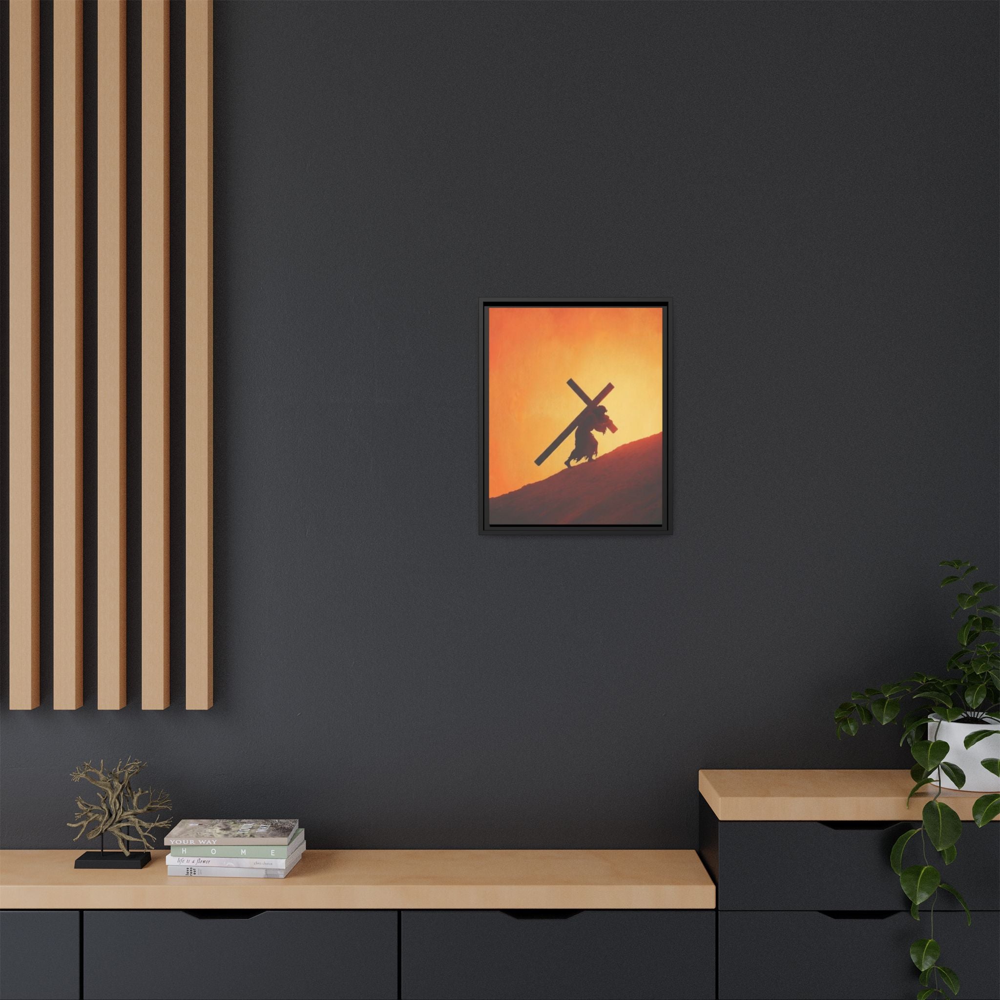 Jesus Christ Carrying Cross Framed Canvas — 'The World On His Shoulder' Sunset Art