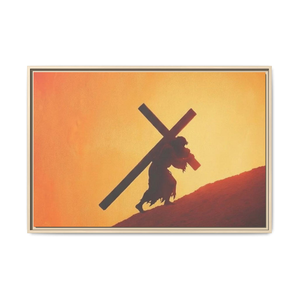 Jesus Christ Carrying Cross Framed Canvas — 'The World On His Shoulder' Sunset Art