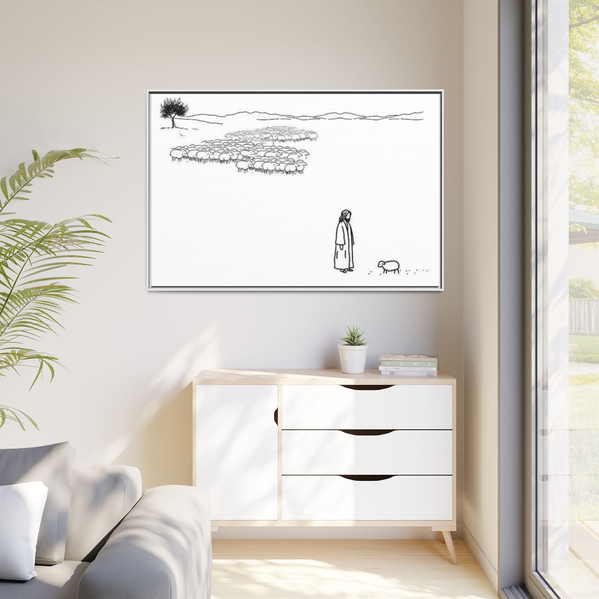 Framed Matte Canvas Print — Minimal The Good Shepherd & Flock Line Art