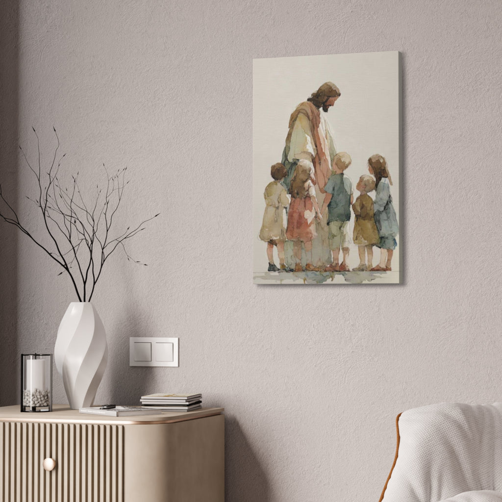 Faithful Father and Children Watercolor Canvas Print — Religious Nursery Wall Art